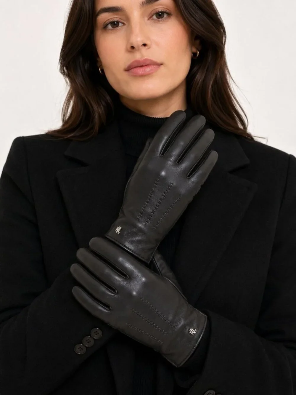 NWT Lauren Ralph Lauren Leather Stitched Gloves Black Size Medium